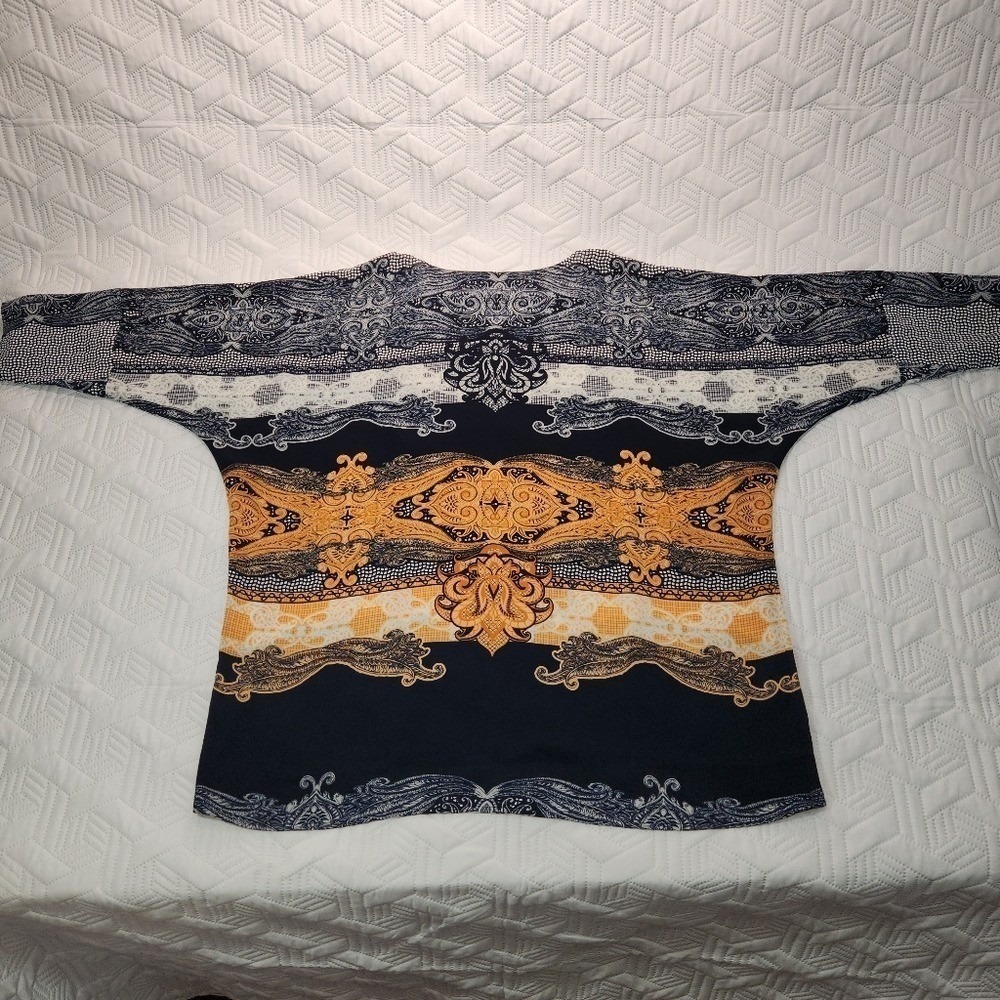 Alfani Blouse Women Navy White Orange Loose Flowy Fit Airy Boho 14W Peasant - Picture 7 of 11